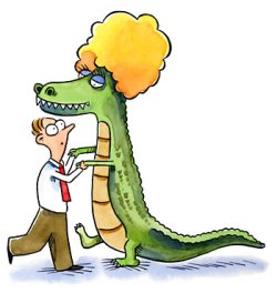 Cartoon of a man and an alligator dancing